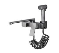 TYMYW Grifo Cocina de Pared Caño Largo 25 Cm Grifo Cocina Pared Mezclador con Pistola Rociadora de Latón 2 Agujeros Gris