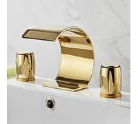 TYMYW Grifo de Baño Cascada 3 Orificios con Doble Manija Grifo de Lavabo Laton 3 Orificios Tipo Dividido Caliente y Frío,Oro,A