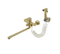 TYMYW Grifo de Cocina Fregadero Pared Acero Inoxidable Rotación 180° Grifo Cocina Pared Mezclador con Ducha 2 Orificio,Oro,35Cm
