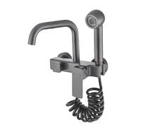 TYMYW Grifo para Fregadero de Pared Gris con Ducha Grifo de Cocina Laton Giratorio 360° Agua Fria y Caliente 2 Orificios