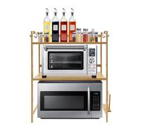 TyochiAki Soporte de 2 niveles para microondas, 55 x 35 x 67 cm, armario de cocina de bambú con ganchos, soporte para microondas, organizador para almacenamiento de cocina, color madera