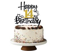 Tyqour 14th - Decoración para tartas de cumpleaños para niño o niña, feliz 14 cumpleaños, diseño de estrellas, color dorado y negro