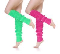 Tyqour 2 pares de calentadores de piernas de neón para mujer de los años 80 y 90, color rosa neón, fluorescente, verde, calentadores de punto para las piernas de los años 80 y 90, fiestas temáticas