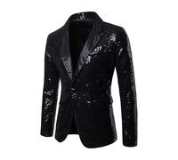 TYQQU Hombres Trajes Cóctel Y Banquete con Lentejuelas Cuello En V Formal Un Botón Chaqueta Brillante Blazer Negro XXL
