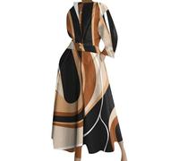 TYQQU Mujer Vestido Camisero con Corte En A hasta Los Tobillos Plisado con Cuello Vestido Largo Informal En Tallas Grandes Estampado Floral Marrón S