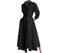TYQQU Mujer Vestido Camisero Largo De Corte A con Tapeta De Botones Y Cinturón En La Cintura Plisado Cuello Alto Vestido De Negocios con Corte Acampanado Estampado Floral Negro Pequeño XL
