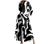 TYQQU Mujer Vestido Swing De Corte A con Tapeta De Botones Y Cinturón Cuello En V Cuello Alto Vestido Camisero Informal Estampado Floral Negro S