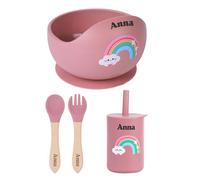 TYRY.HU Personalizada Cubiertos Bebe,Vajilla Bebe Silicona,Juego de Platos Bebe con Ventosa,Cubiertos Infantiles,Incluye Tenedor,Cuchara y Bol,Tazas Baby Led Weaning