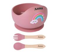 TYRY.HU Personalizada Cubiertos Bebe,Vajilla Bebe Silicona,Juego de Platos Bebe con Ventosa,Cubiertos Infantiles,Incluye Tenedor,Cuchara y Bol,Baby Led Weaning