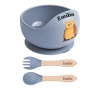 TYRY.HU Personalizada Cubiertos Bebe,Vajilla Bebe Silicona,Juego de Platos Bebe con Ventosa,Cubiertos Infantiles,Incluye Tenedor,Cuchara y Bol,Baby Led Weaning