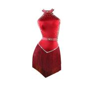 Tytyozay 2025 Vestido Profesional De Baile Latino para Mujer, Elegante Vestido De Práctica Sin Mangas con Cuello Halter Falda Asimétrica con Borlas para Samba Tango Cha Cha,Rojo,M
