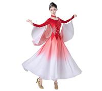 Tytyozay 2026 Vestido De Baile Estándar para Mujer, Elegante Vestido De Manga Larga con Degradado, Falda Fluida Y Mangas De Gasa, Traje De Danza con Pedrería para Vals Y Tango,Rojo,3XL