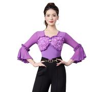 Tytyozay Body De Baile Latino De Salón para Mujer, Elegante Leotardo Una Pieza con Apliques Florales En 3D Mangas Acampanadas 3/4 Y Cierre A Presión para Ballet Danza Latina Rumba Y Samba,Púrpura,XL