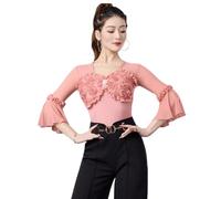 Tytyozay Body De Baile Latino De Salón para Mujer, Elegante Leotardo Una Pieza con Apliques Florales En 3D Mangas Acampanadas 3/4 Y Cierre A Presión para Ballet Danza Latina Rumba Y Samba,Rosado,M