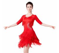 Tytyozay Conjunto De Baile Latino para Mujer con Flecos, Vestido De Competición con Escote En V Y Detalles De Strass, Mangas 3/4 Y Falda De Vuelo En Capas para Cha Cha Rumba Y Samba,Rojo,3XL