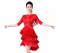Tytyozay Elegante Vestido De Baile Latino para Mujer con Flecos, Vestido Brillante con Detalles De Strass, Mangas Cortas Y Falda Asimétrica para Cha Cha Rumba Y Samba,Rojo,XL