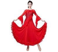 Tytyozay Elegante Vestido De Danza Ballroom Estándar para Mujer, Vestido De Competición con Escote En V Mangas Largas con Volantes Detalles De Strass Falda Amplia para Vals Tango,Rojo,3XL