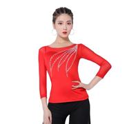 Tytyozay Top De Baile De Salón para Mujer, Elegante Camiseta De Baile con Pedrería Y Mangas Transparentes 3/4 Vestuario Práctica para Baile Estándar Latino Vals Tango Foxtrot Y Actuaciones,Rojo,L