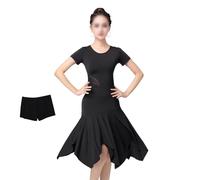 Tytyozay Traje De Baile De Salón Mujer, Vestido Latino Elegante Manga Corta Cuello Redondo Dobladillo Irregular para Salsa Tango Rumba Cha Cha Competición Escenario,Negro,S