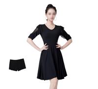 Tytyozay Traje De Baile Latin Tango Mujer, Vestido Danza Moda Con Escote En V Conjunto Entrenamiento Elegante Manga Corta Con Falda Corta Con Volantes Amplios Para Ballroom Tango Competición,Negro,3XL