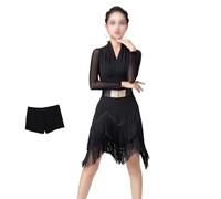 Tytyozay Traje de Baile Latino Mujer, Elegante Vestido de salón Manga Larga con Escote en V Falda con Flecos y borlas con Strass Vestido Fiesta para Salsa Tango Rumba competición Escenario,Negro,L