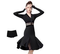 Tytyozay Traje de Baile Latino Mujer, Vestido Elegante Manga Larga Escote V Falda fluida Acampanada para vals Tango Baile de salón Entrenamiento competición Escenario,Negro,L
