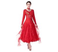 Tytyozay Vestido De Baile Ballroom Estándar para Mujer, Elegante Vestido De Manga Larga con Cuello Redondo, Apliques Florales, Pedrería Y Falda De Gasa En Capas,Rojo,L