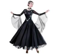 Tytyozay Vestido De Baile De Salón para Mujer De Manga Larga, Elegante Vestido De Baile con Pedrería, Cuello Redondo Y Falda Amplia para Vals Tango Foxtrot Competición Y Actuaciones