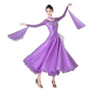 Tytyozay Vestido De Baile De Salón para Mujer, Elegante Vestido Baile Manga Larga con Cuello Redondo Falda Larga Fluida Gasa con Dobladillo Gran Vuelo para Vals Tango Foxtrot Competiciones,Púrpura,S
