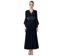 Tytyozay Vestido de Baile de Salón para Mujer, Elegante Vestido Danza Estándar con Escote en V Mangas Acampanadas de Gasa y Falda Maxi Fluida para Vals Tango Foxtrot Práctica Competición,Negro,XXL