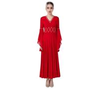 Tytyozay Vestido de Baile de Salón para Mujer, Elegante Vestido Danza Estándar con Escote en V Mangas Acampanadas de Gasa y Falda Maxi Fluida para Vals Tango Foxtrot Práctica Competición,Rojo,XL