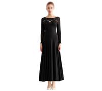 Tytyozay Vestido de Baile de Salón para Mujer, Elegante Vestido de Danza Estándar de Manga Larga con Falda Larga Fluida Moderno para Vals Tango Foxtrot Práctica Competición y Escenario,Negro,XXL