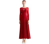 Tytyozay Vestido de Baile de Salón para Mujer, Elegante Vestido de Danza Estándar de Manga Larga con Falda Larga Fluida Moderno para Vals Tango Foxtrot Práctica Competición y Escenario,Dark Red,L