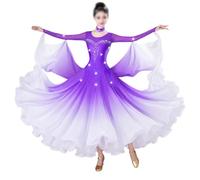 Tytyozay Vestido De Baile De Salón para Mujer, Elegante Vestido De Vals con Pedrería Manga Larga Cuello Redondo Falda Fluida Gasa para Danza Lírica Tango Foxtrot Competición Actuaciones,Púrpura,M