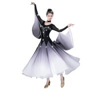 Tytyozay Vestido De Baile De Salón para Mujer, Elegante Vestido De Vals con Pedrería Manga Larga Cuello Redondo Falda Fluida Gasa para Danza Lírica Tango Foxtrot Competición Actuaciones,Gris,S