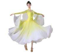 Tytyozay Vestido De Baile De Salón para Mujer, Elegante Vestido De Vals con Pedrería Manga Larga Cuello Redondo Falda Fluida Gasa para Danza Lírica Tango Foxtrot Competición Actuaciones,Amarillo,XL