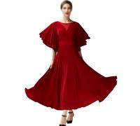 Tytyozay Vestido De Baile De Salón para Mujer, Elegante Vestido Largo Danza Estándar con Mangas Volantes Capas Y Falda Amplia Fluida para Vals Tango Foxtrot Práctica Competición Escenario,Rojo,XXL