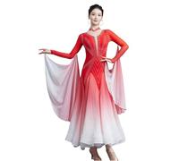 Tytyozay Vestido de Baile Estándar para Mujer, Elegante Vestido de Competición de Manga Larga con Escote en V, Detalles de Strass y Falda de Chifón Degradado para Vals Tango y Foxtrot,Rojo,3XL