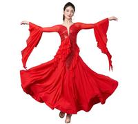 Tytyozay Vestido De Baile Estándar para Mujer, Elegante Vestido De Danza De Manga Larga con Escote En V, Lentejuelas Y Falda Fluida para Entrenamiento Y Competición Vals Tango Foxtrot,Rojo,3XL