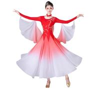 Tytyozay Vestido De Baile Estándar para Mujer, Elegante Vestido De Manga Larga con Degradado Y Falda Fluida, Traje De Danza con Pedrería para Vals Tango Foxtrot, Práctica Y Baile Social,Rojo,L