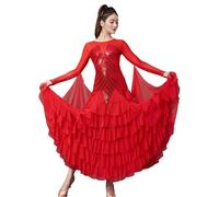 Tytyozay Vestido De Baile Estándar para Mujer, Elegante Vestido De Manga Larga Y Cuello Redondo con Pedrería Y Lentejuelas, Falda De Chifón con Volantes para Vals Tango Foxtrot,Rojo,3XL