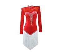 Tytyozay Vestido De Baile Latino con Borlas para Niña, Elegante Vestido De Fiesta De Manga Larga Y Cuello Alto Sin Espalda para Actuaciones Vals Tango Práctica De Baile Ballet Rumba Samba,Rojo,L