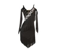 Tytyozay Vestido De Baile Latino con Flecos para Mujer, Manga Larga Cuello En V para Práctica De Vals Tango Y Competición Profesional De Samba Tango Y Cha Cha Cha,Negro,XL