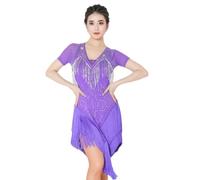 Tytyozay Vestido De Baile Latino con Flecos para Mujer, Traje De Baile con Pedrería, Manga Corta Y Dobladillo Asimétrico para Salsa Rumba Cha Cha Tango Baile De Salón