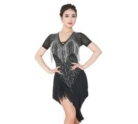 Tytyozay Vestido De Baile Latino con Flecos para Mujer, Traje De Baile con Pedrería, Manga Corta Y Dobladillo Asimétrico para Salsa Rumba Cha Cha Tango Baile De Salón