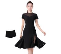 Tytyozay Vestido De Baile Latino Mujer con Flecos, Elegante Vestido De Salón Manga Corta Falda con Abertura Lateral para Vals Tango Vestido De Práctica Ropa De Baile Fiesta Samba Cha Cha,A,M