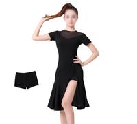 Tytyozay Vestido De Baile Latino Mujer con Flecos, Elegante Vestido De Salón Manga Corta Falda con Abertura Lateral para Vals Tango Vestido De Práctica Ropa De Baile Fiesta Samba Cha Cha,B,M