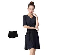 Tytyozay Vestido De Baile Latino Mujer, Elegante Vestido De Salón Escote V, Manga Media Y Falda Asimétrica con Volantes para Salsa Tango Rumba Práctica Competición Escenario,Negro,XL