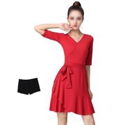 Tytyozay Vestido De Baile Latino Mujer, Elegante Vestido De Salón Escote V, Manga Media Y Falda Asimétrica con Volantes para Salsa Tango Rumba Práctica Competición Escenario,Rojo,3XL