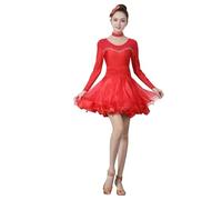 Tytyozay Vestido De Competición De Baile Latino para Mujer, Elegante Traje De Actuación De Manga Larga En Color Rojo con Cuello Redondo Y Pedrería, Ideal para Practicar Cha-Cha Rumba Samba,Rojo,L